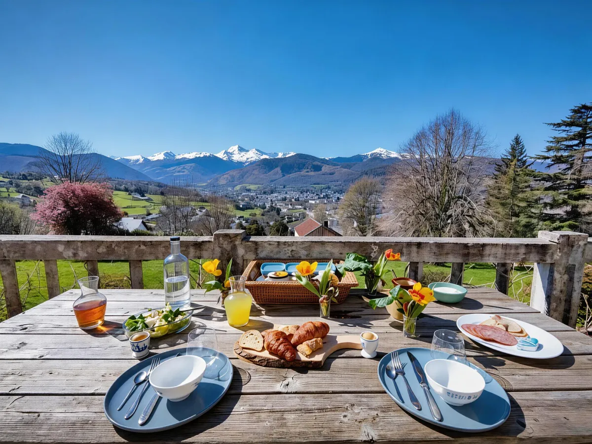 Petit déjeuner servi sur la terrasse avec vue sur les Pyrénées