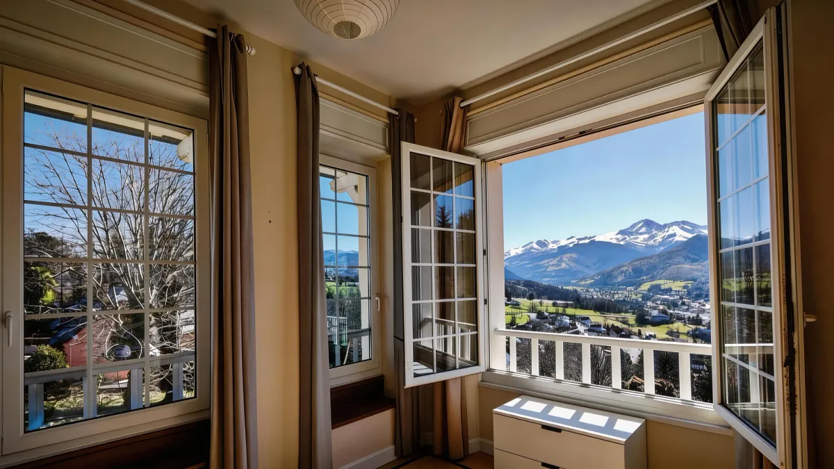 Chambre lumineuse avec plusieurs fenêtres ouvertes vers le village et les montagnes